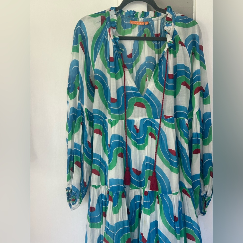 Oliphant Noveau Dress with Retro Swirl Pattern and Balloon Sleeves- Small - Picture 5 of 9